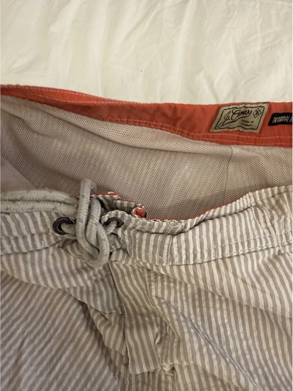J.Crew The Original Longboard Shorts Mens 36 Taupe Gray Stripe Seersucker
